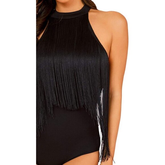 Women's Fringe Trim Rayon 10% Spandex Sleeveless Bodycon Halter Bodysuit - Picture 5 of 6